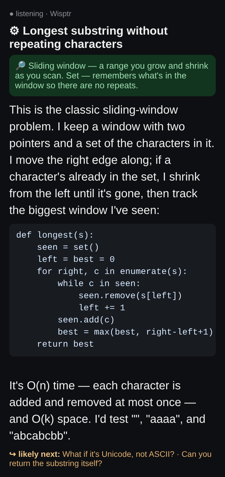 Wisptr companion on a coding test, showing the code